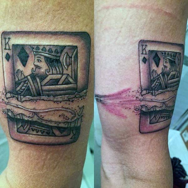 Mens Bullet Flying Through King Playing Card Tattoo