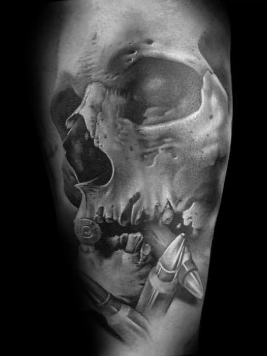 Mens Bullets With Skull Realistic Leg Tattoo