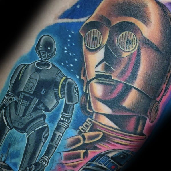 Vibrant Star Wars tattoo featuring C-3PO and K-2SO against a cosmic background, blending bold colors with a futuristic sci-fi aesthetic.