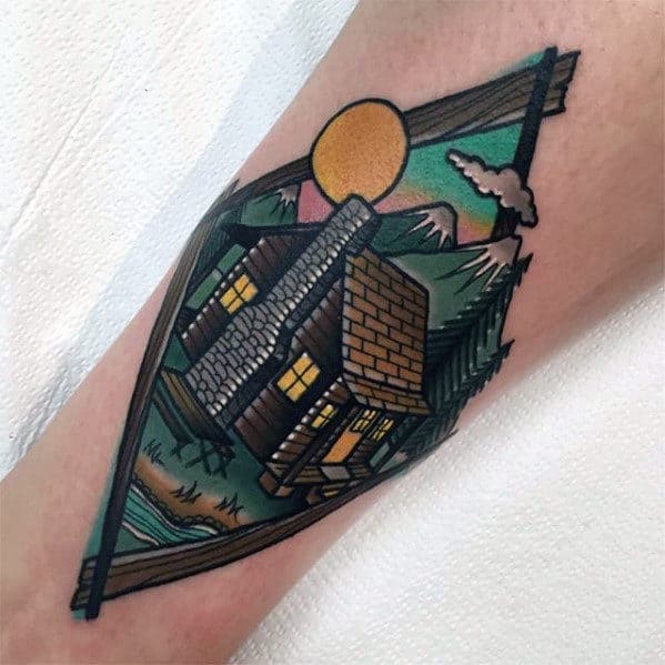 Mens Cabin Mountains Forearm Tattoo Design