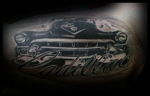 Mens Cadillac Script With Classic Car Inner Arm Bicep Tattoo Design Ideas