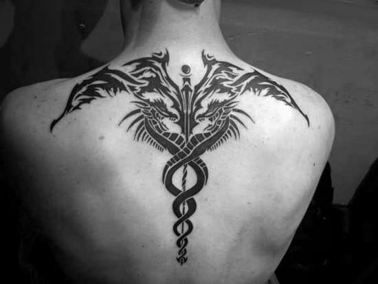 Mens Caduceus Black Ink Tribal Back Tattoo Ideas