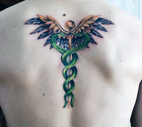 Mens Caduceus Green Snakes Back Tattoo