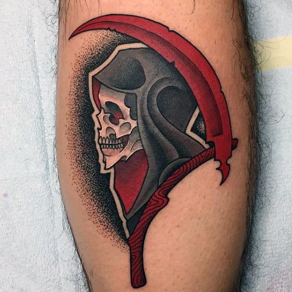 Bold calf tattoo of the Grim Reaper in a black hood, holding a red scythe, with dotwork shading for depth and contrast