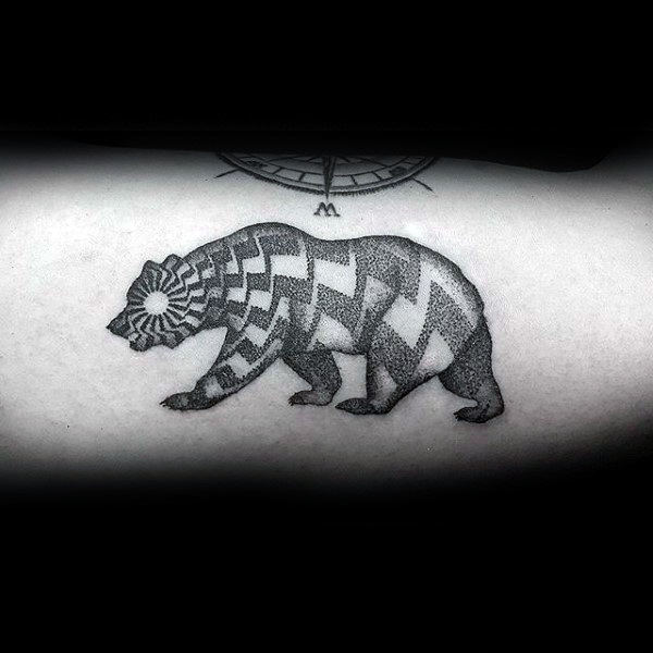 Mens California Bear Pattern Dotwork Forearm Tattoo