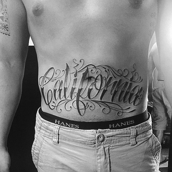 Mens California Lettering Stomach Tattoo