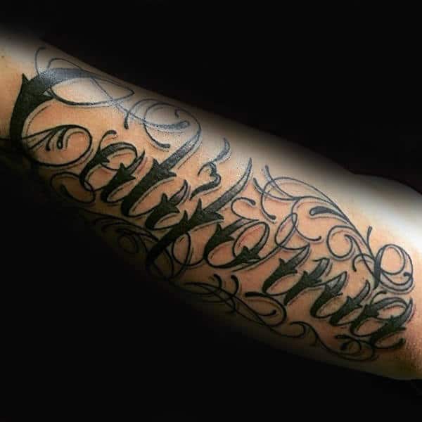 Mens California Orante Lettering Tattoo On Forearms