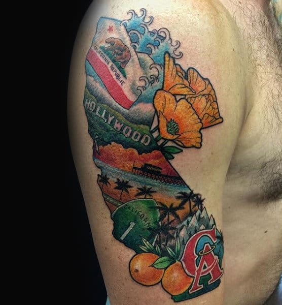 Mens California Themed Upper Arm Tattoo Designs