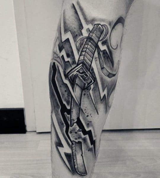 Mens Calves Broken Warrior Sword And Lightening Tattoo