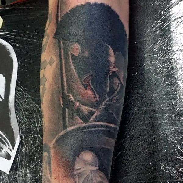 Mens Calves Contemplating Roman Warrior Tattoo