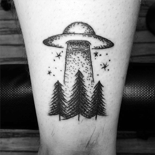 Mens Calves Small Ufo And Pine Trees Tattoo