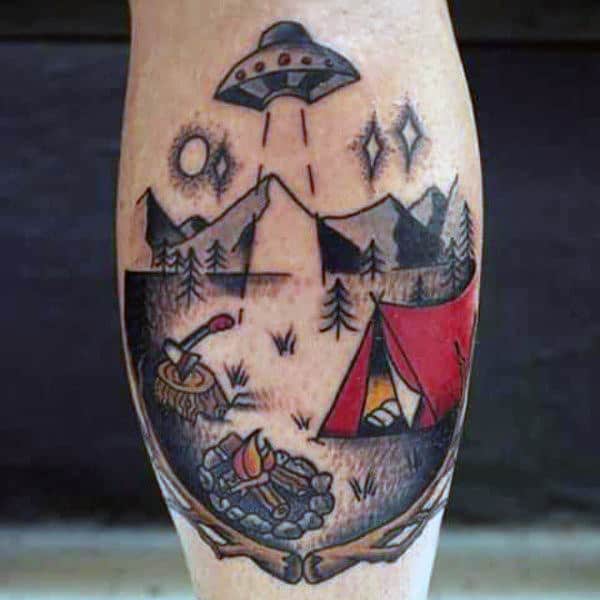 Mens Calves Ufo On A Camp Night Tattoo