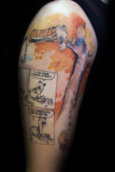 Mens Calvin And Hobbes Comic Strip Upepr Arm Tattoo Design