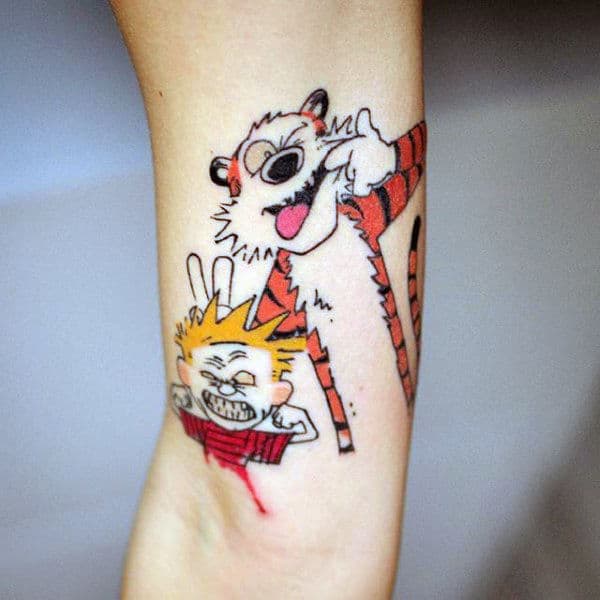 Mens Calvin And Hobbes Making Silly Faces Forearm Tattoo On Gentleman