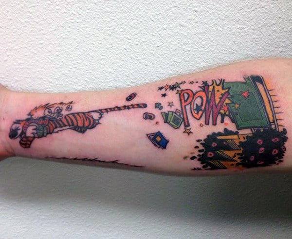 Mens Calvin And Hobbes Pow Forearm Tattoo