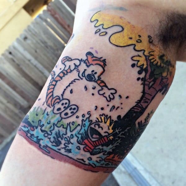 Mens Calvin And Hobbes Splashing In Water Bicep Inner Arm Tattoo