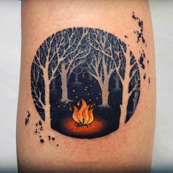 Mens Campfire Negative Space Forest Circle Tattoo On Arm