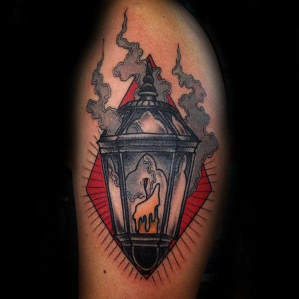 Mens Candle Inside Smoking Lantern Arm Traditional Tattoo