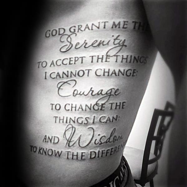 Mens Capital Words With Cursive Font Serenity Prayer Rib Cage Tattoo