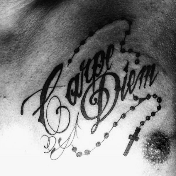 Mens Carpe Diem Rosary Chest Tattoo With Black Ink