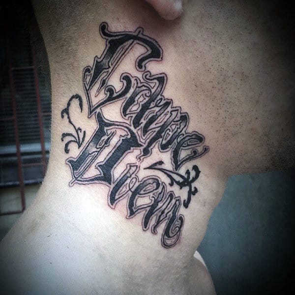 Mens Carpe Diem Tattoo On Neck