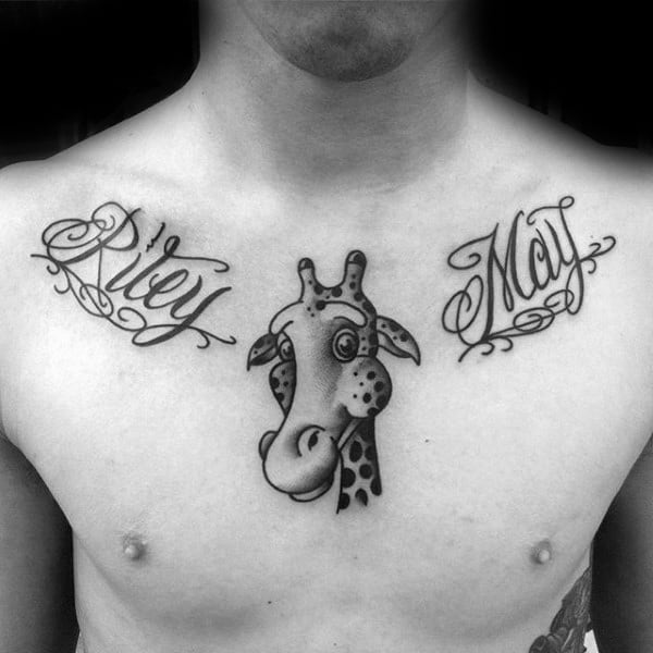 Mens Cartoon New School Style Giraffe Chest Tattoos