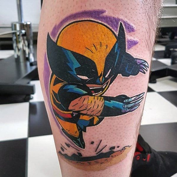 Bold cartoon-style Wolverine tattoo in action pose, leaping forward with claws out and a burst of purple and orange in the background.