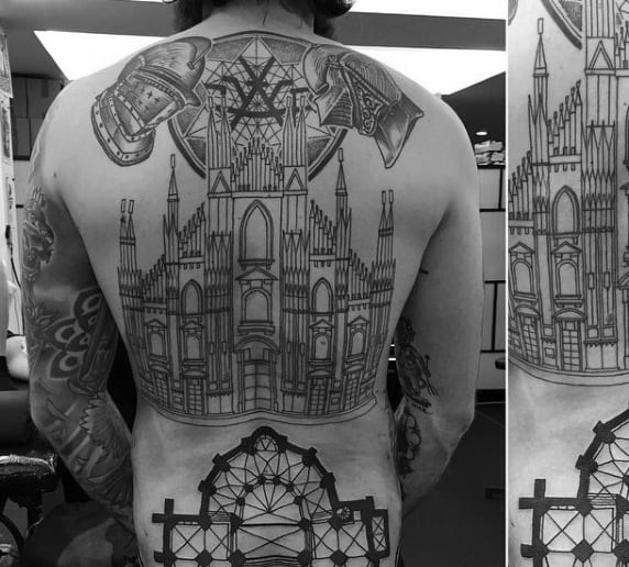Mens Castle Building Full Back Tattoo Ideas