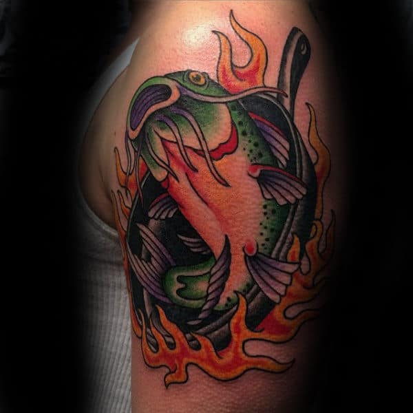 Mens Catfish In Frying Pan Upper Arm Tattoo
