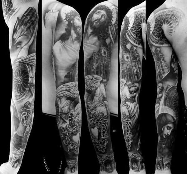 Full sleeve tattoo with religious and gothic cathedral elements, featuring Jesus, angels, praying hands, rose windows, and sacred symbolism.