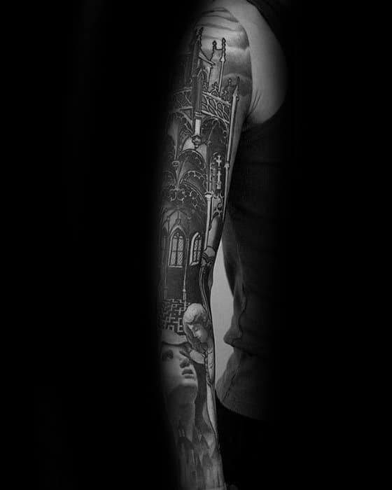 Full sleeve tattoo featuring a towering gothic cathedral with pointed arches and windows, paired with a realistic female portrait below.