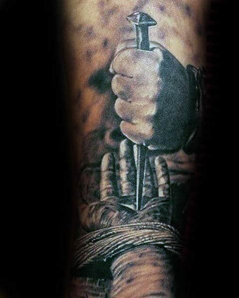 Mens Catholic 3d Spike Through Hand Of Jesus Forearm Tattoo