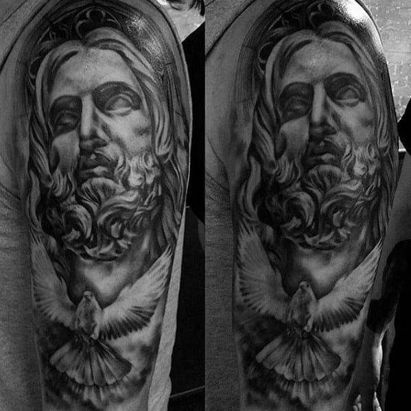 Mens Catholic Flying Dove With Jesus Shaded Half Sleeve Tattoo