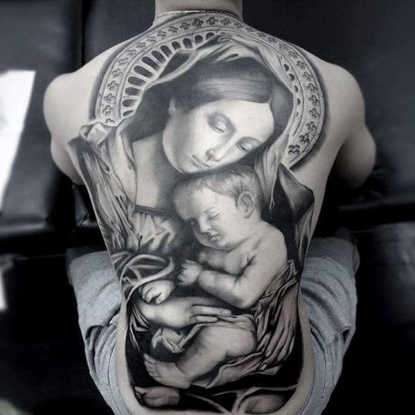 Mens Catholic Mother Mary With Baby Jesus Full Back Tattoos