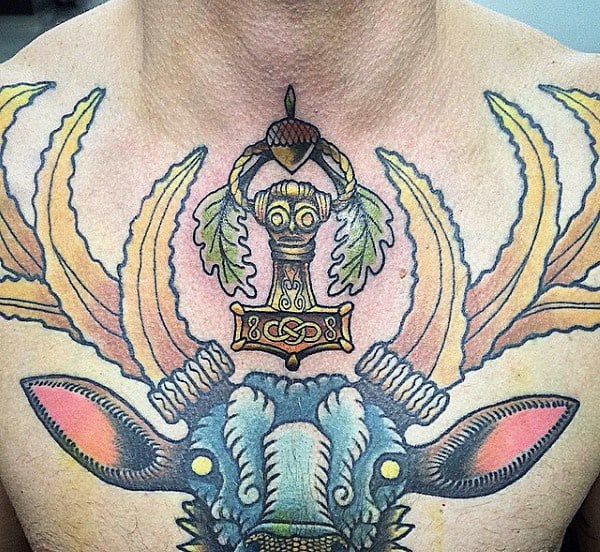 Mens Celtic Acorn Chest Tattoo With Deer