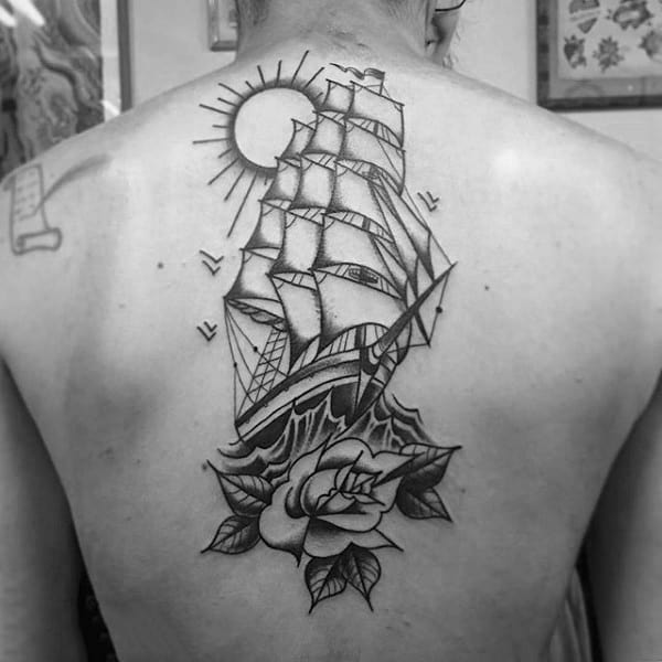 Mens Center Of Back Traditional Sailing Ship With Rose Flower Tattoo Design