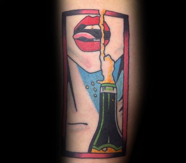 Tattoo of red lips with an open mouth and a champagne bottle spraying bubbles, framed in bold lines.