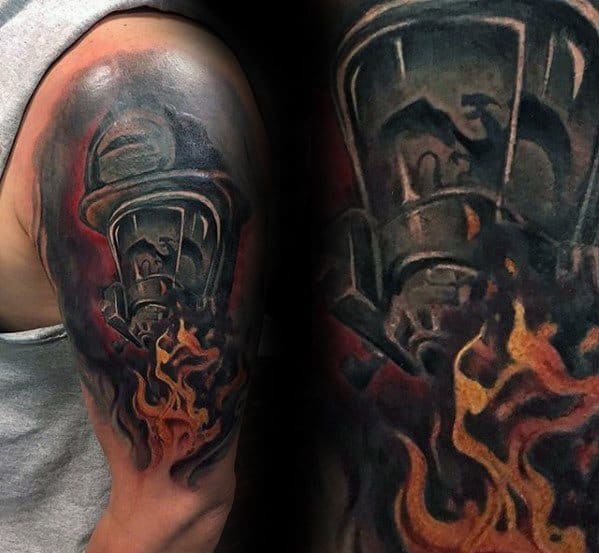 Dark-themed Charizard tattoo with a lantern containing its silhouette, surrounded by fiery flames, blending realism with fantasy elements.