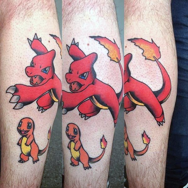Leg tattoo featuring Charmander looking up at a powerful, mid-attack Charmeleon above, with bold outlines and classic red-orange tones.