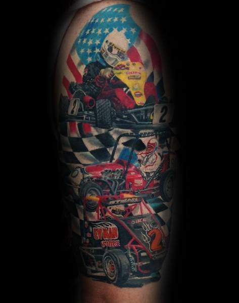Vibrant racing tattoo featuring go-karts, checkered flags, and an American flag background, symbolizing speed, competition, and national pride.