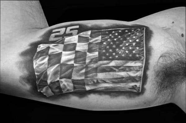 Realistic tattoo blending a checkered flag with the American flag and the number 25, symbolizing patriotism, racing passion, and competition.