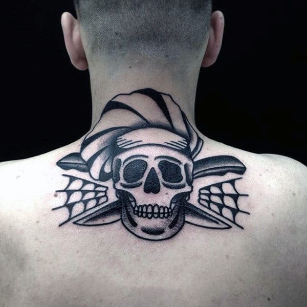 Mens Chef Skull Traditional Upper Back And Neck Tattoos