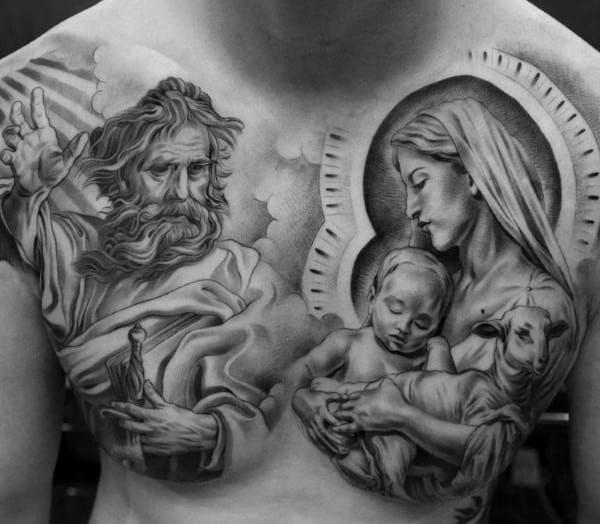 Mens Chest Lord And Mother Mary Tattoo