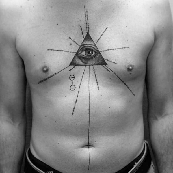 A triangular tattoo with a pulsar map and eye on a person's chest