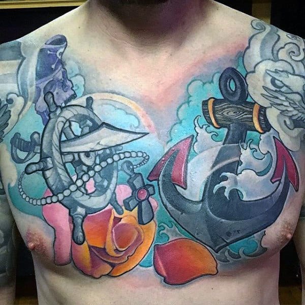 Mens Chest Anchor And Rose New School Tattoo