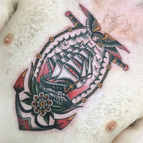 Mens Chest Anchor With Ship Traditional Tattoo On Chest