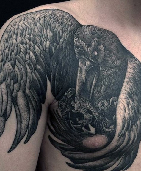 Mens Chest And Arm Black Crow Tattoo Ideas