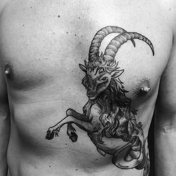 Mens Chest And Rib Cage Side Capricorn Jumping Goat Tattoo