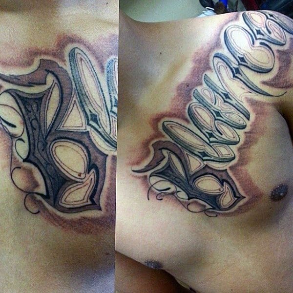 Mens Chest And Shoulder Last Name Tattoo Designs