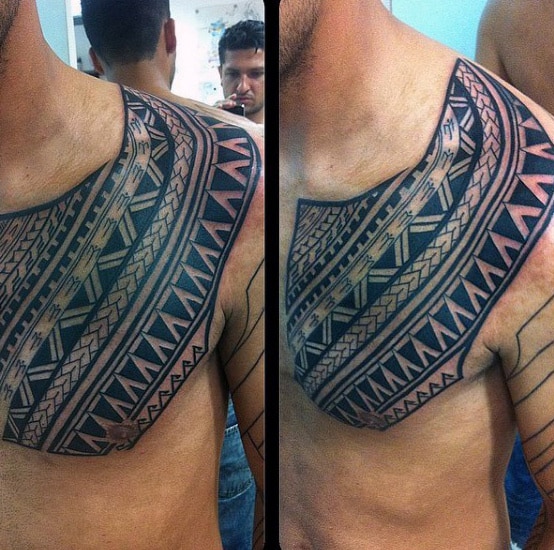 Mens Chest And Shoulder Samoan Tribal Tattoos